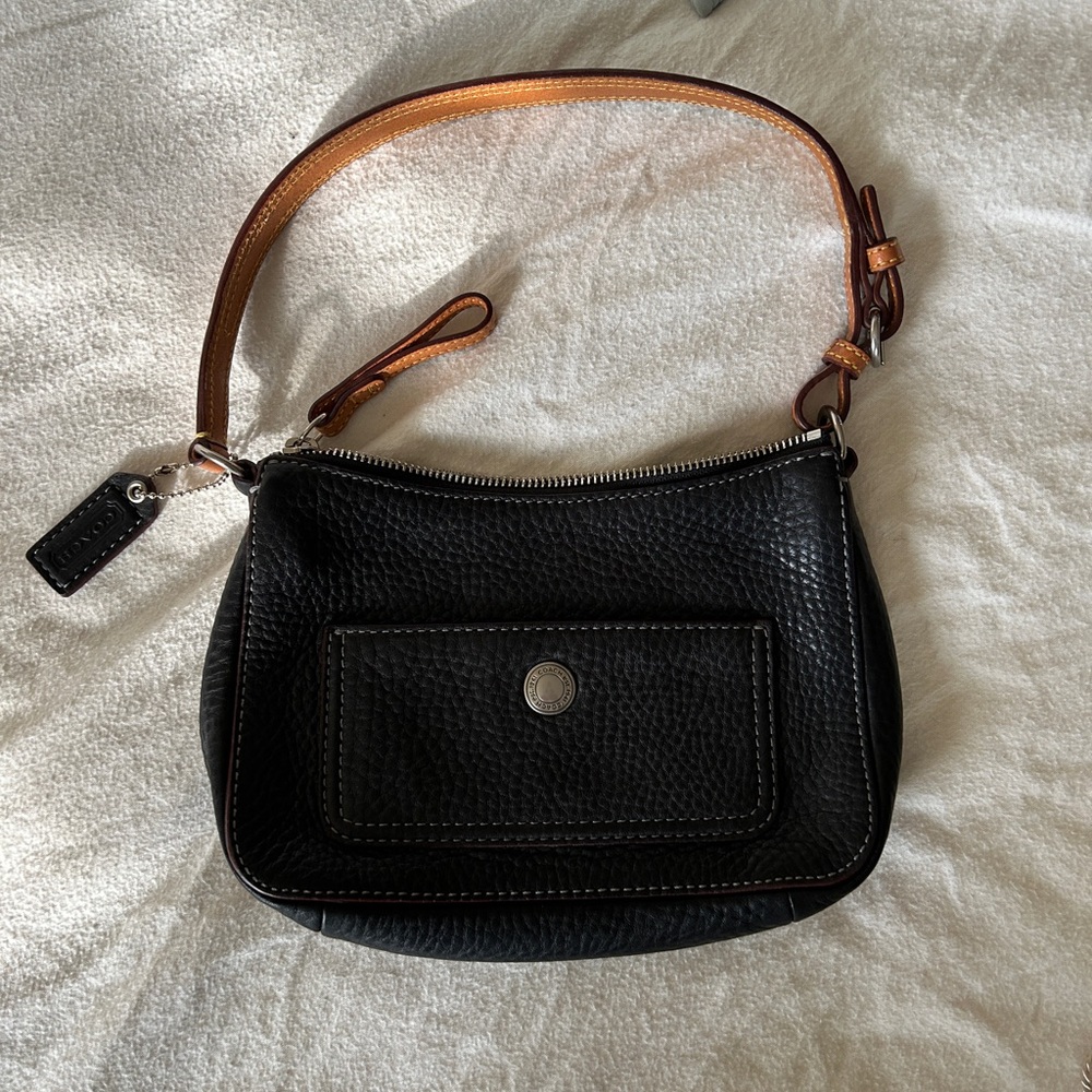 Black Shoulder Bag with Brown Strap and Textured Fabric